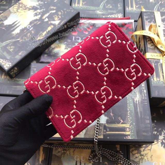 Gucci包 古馳女包 476432紅刺繡天鵝絨 Gucci真皮鏈條超迷你斜挎包  gudj1339